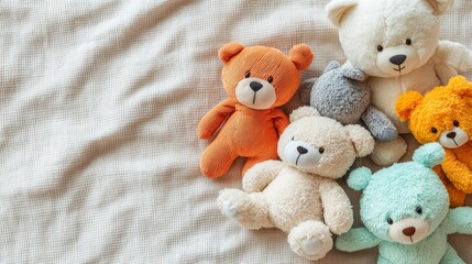 Cozy flat lay of plushie toys light-colored fabric toy collection indoor setting top view whimsical comfort