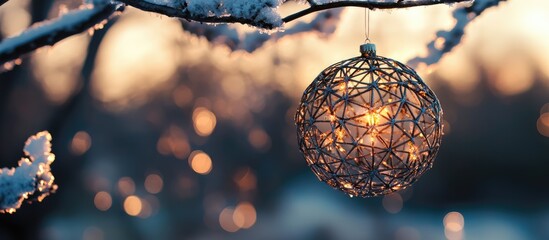 Fototapeta premium Snow-covered tree branch with a beautiful decorative Christmas ornament glowing in the winter sunset ambiance.