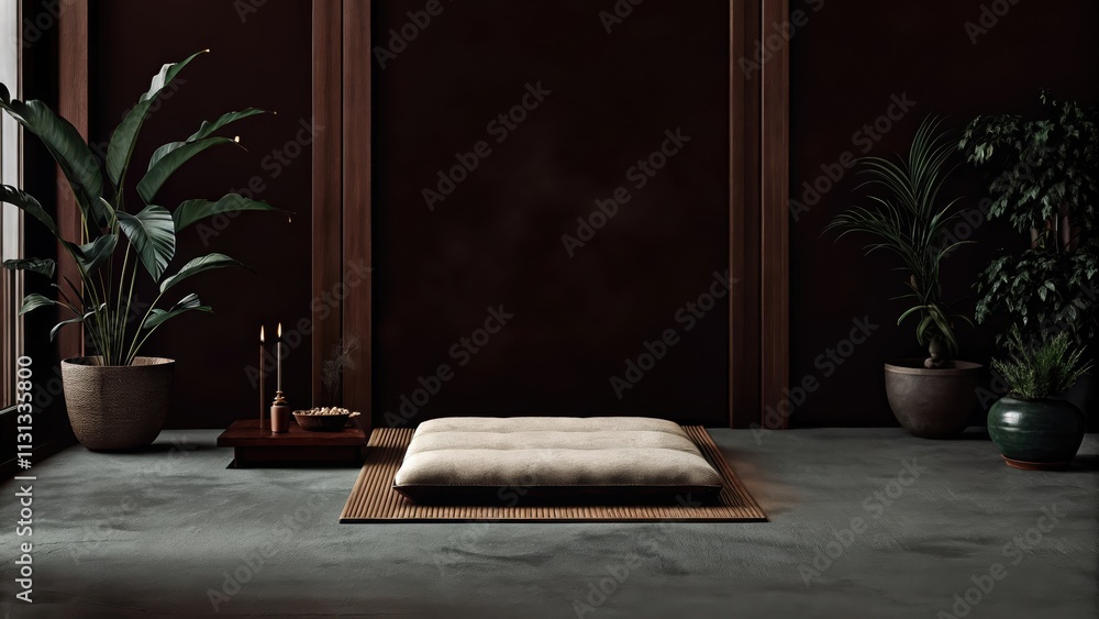 Poster A tranquil meditation nook featuring a low mat p on polished concrete flooring. Surrounding the space are large potted plants and a small altar with incense and candles creates a