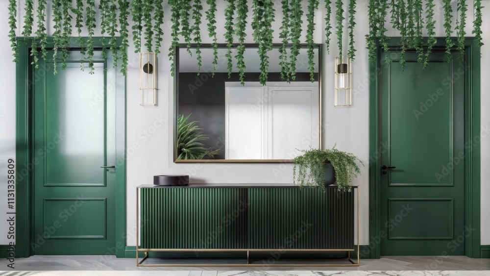 Poster an entryway that highlights a streamlined console table accentuated by a cascade of trailing plants 