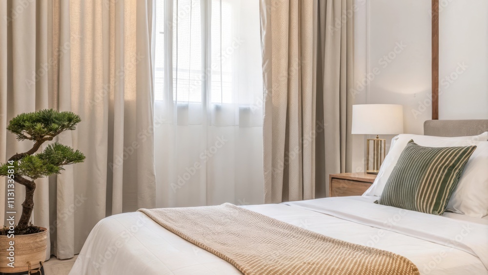 Poster an inviting bedroom showcasing a platform bed with crisp white linens accented by a lightweight hand
