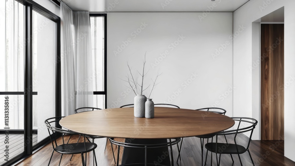 Poster a minimalist dining area with a large round wooden table surrounded by thin black metal chairs. the 