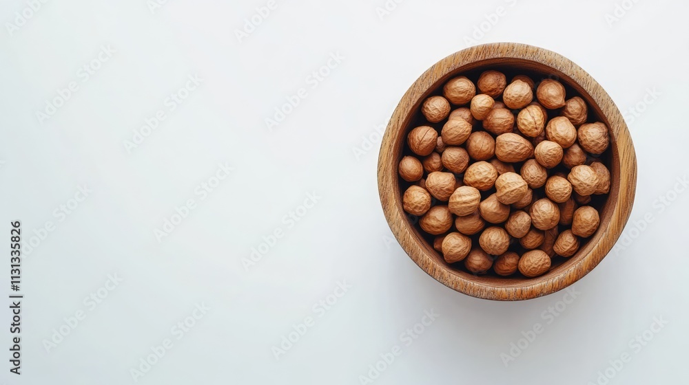 Poster wooden bowl filled with roasted peanuts on a clean white background showcasing a top view of nutriti