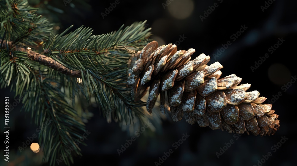 Aufkleber macro shot of a pine cone on a christmas tree branch with blurred festive background decorations