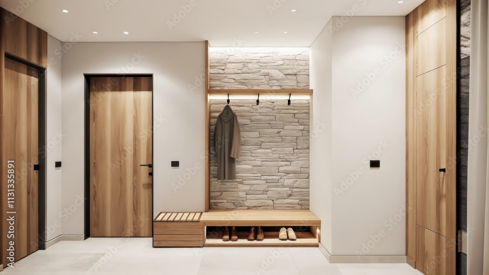 Poster A spacious entryway adorned with a bench made from reclaimed wood a raw stone feature wall and a simple coat rack. A single piece of fabric art hangs contributing to the