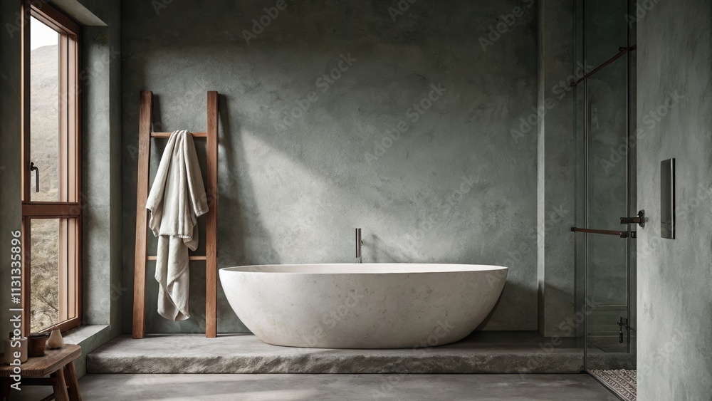 Aufkleber A tranquil bathroom featuring an oversized freestanding tub with smooth rounded edges. The walls are painted a soft gray and a stone shelf displays a few neatly arranged natural
