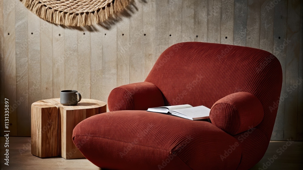Poster a cozy reading nook with a wide low armchair upholstered in soft natural fabric. a small side table 
