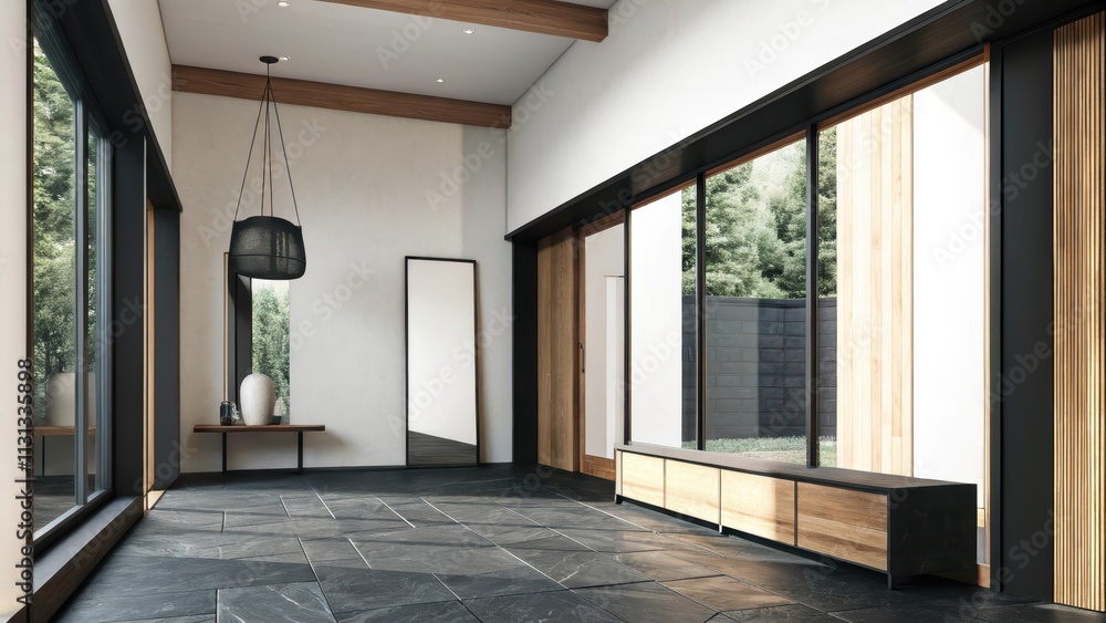 Fototapete a spacious entryway with a slatetiled floor and a narrow console table featuring a single decorative