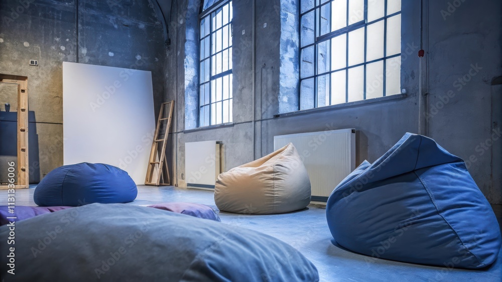 Poster An eclectic art studio with rough concrete walls large windows allowing natural light and tered soft furnishings like bean bags and cushions creating an inviting and creative