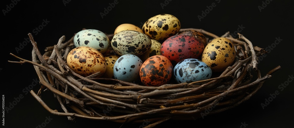 Poster colorful quail eggs artfully arranged in a natural willow twig nest on a dark background showcasing 