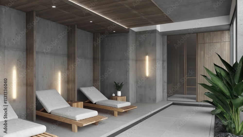 Poster A tranquil spa retreat featuring textured concrete surfaces ambient lighting and minimalistic soft lounge chairs that provide a calming environment accented by essential oil