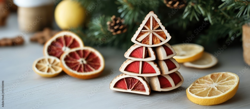Aufkleber christmas tree wooden toys in red and white with gingerbread and dried citrus slices creating a fest
