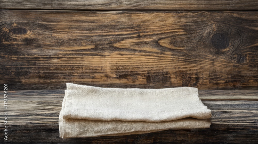 Poster Folded cloth napkin resting on rustic wooden table conveying a warm and inviting dining atmosphere for culinary presentations.
