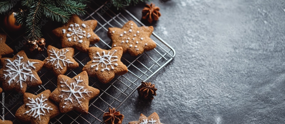 Aufkleber gingerbread cookies arranged on a wire rack with festive decorations on a stone countertop for holid