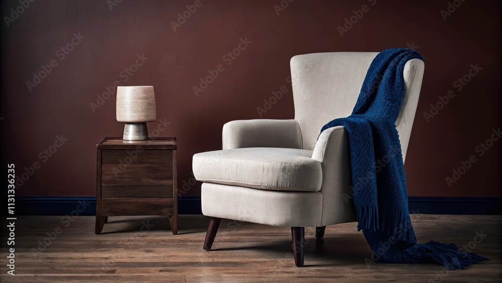Poster a tranquil reading nook with a light gray armchair featuring a soft boucle fabric and a matching ott