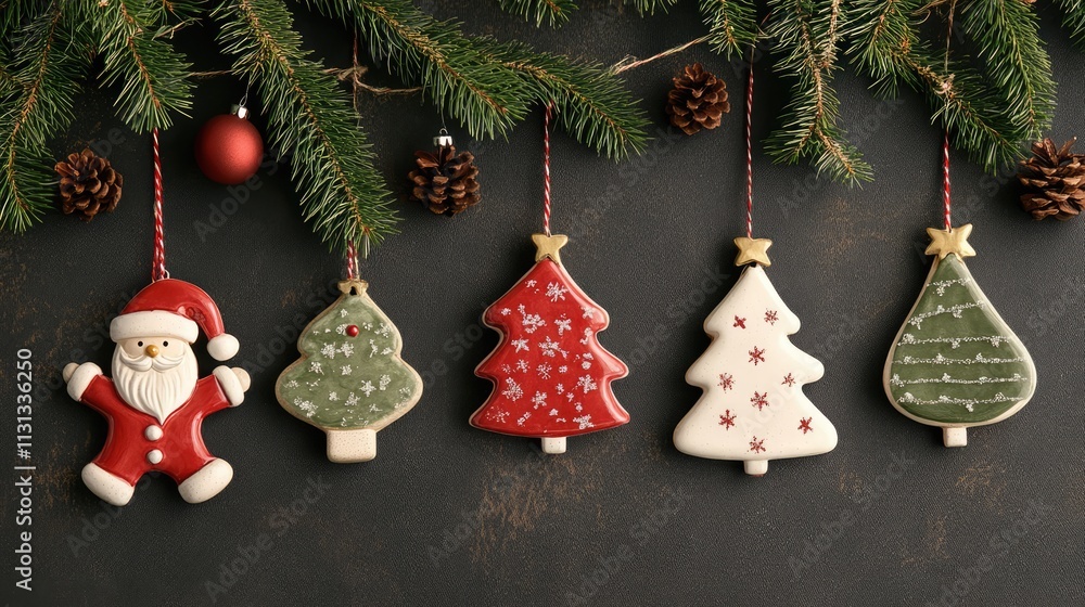 Poster christmas tree decorations featuring gingerbread cookies on a festive background adorned with pine b
