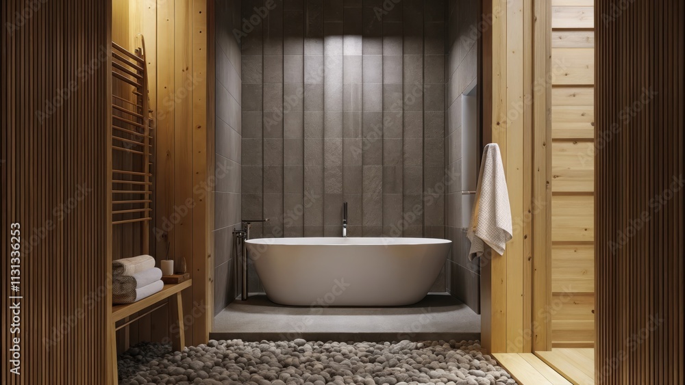 Poster a tranquil bathroom highlighted by a freestanding tub surrounded by smooth pebbles and soft towels. 