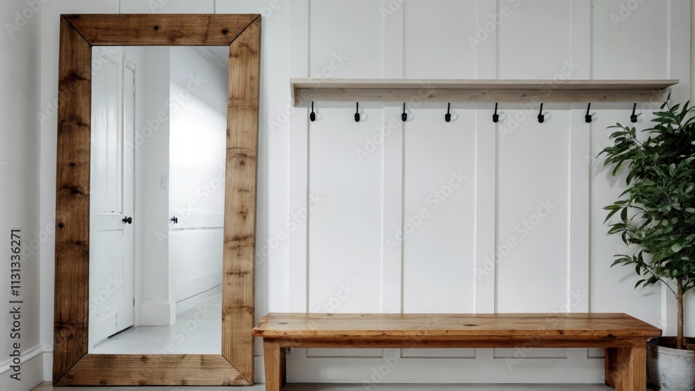 Poster a minimalist entryway showcases a reclaimed wood bench against a wall with simple hooks for coats. a