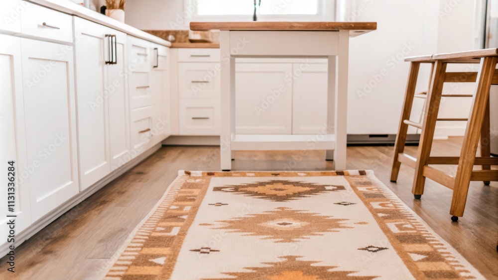Poster An airy kitchen with white cabinetry and a simple wooden island accented by a rustic patterned rug in warm browns and creams which brings a touch of earthy elegance to the space.