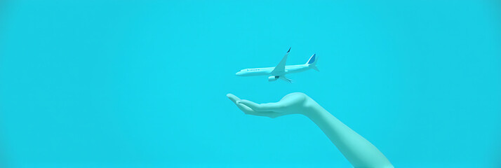 A male hand holds a small airplane model against a bright blue background, creating an interesting composition._00003_