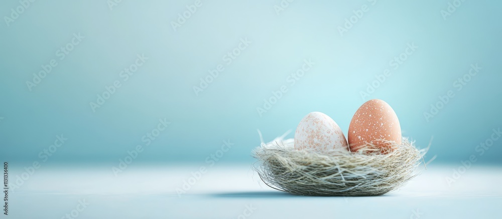 Poster colorful easter eggs nestled in a soft blue background creating a serene and minimalistic easter des