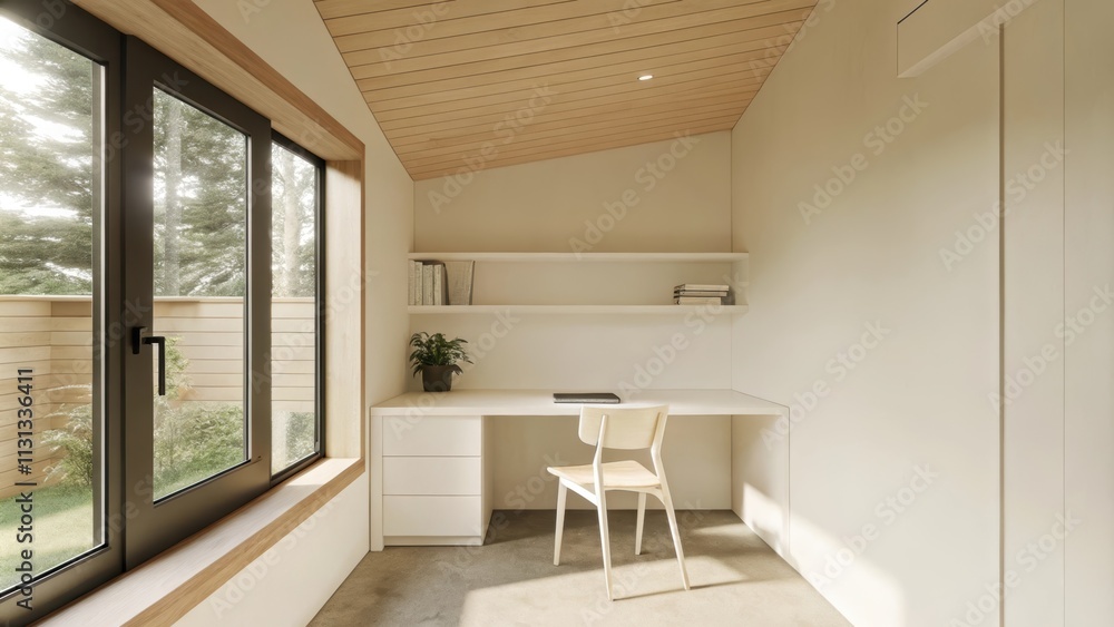 Poster a tranquil home office featuring a simple white desk and a lightweight chair positioned near a large