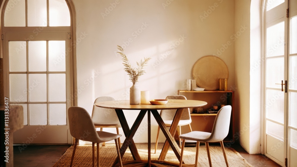 Poster a bright dining area with a simple round wooden table surrounded by stylish chairs. the walls are pa