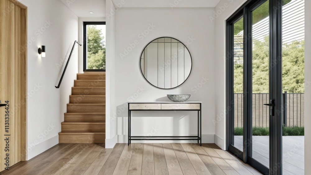 Poster a stylish entryway with light wood flooring and white walls showcasing a minimalist console table wi