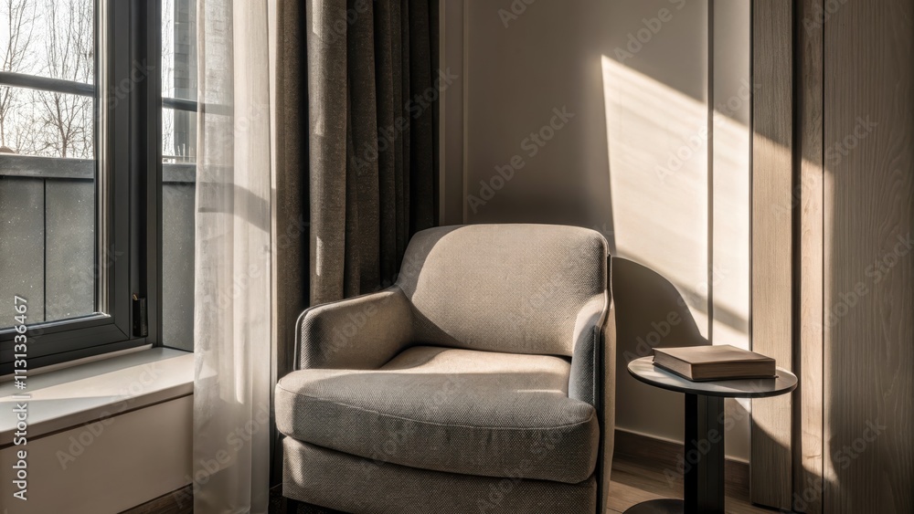 Poster a cozy reading nook with a wide armchair in muted tones positioned next to an expansive window allow
