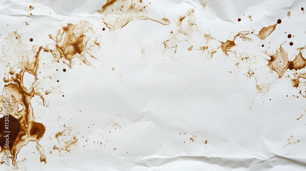 Fototapete Coffee stains creating artistic patterns on crumpled white paper background for creative design and storytelling themes.