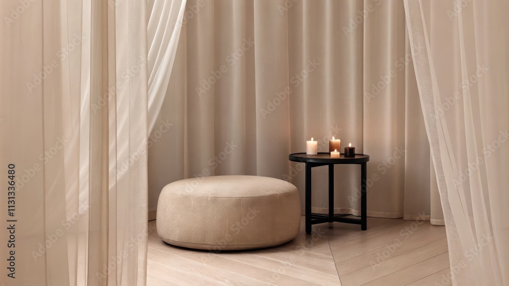 Poster a peaceful meditation corner featuring a soft floor cushion and a small table with candles. sheer fa
