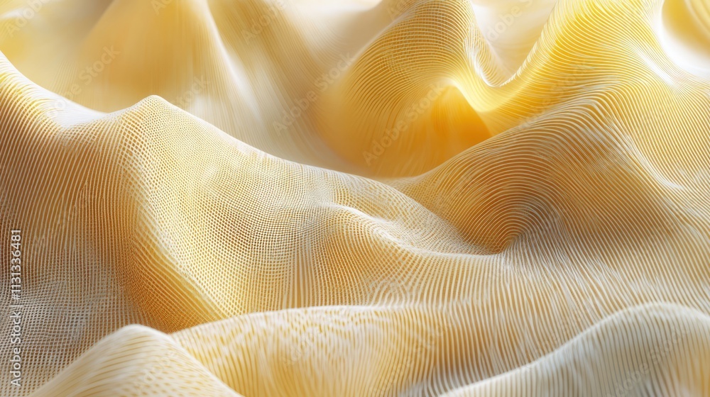 Leinwandbilder Yellow textured fabric with wavy folds creating an elegant mesh background for design and decorative purposes. Soft textile surface detail.
