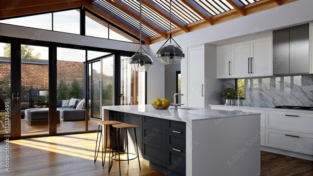 Poster An airy kitchen with sleek white cabinetry and a large island topped with a light marble surface. A unique pendant light hangs above illuminating the open space where sunlight