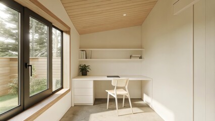 Fototapeta premium A tranquil home office featuring a simple white desk and a lightweight chair positioned near a large window. Minimal decor adorns the walls with a solitary shelf holding a few