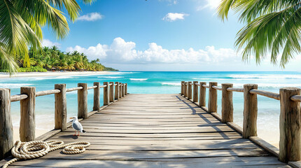 16x9 photo of a trendy beach-themed backdrop featuring a rustic pier leading out over turquoise waters.