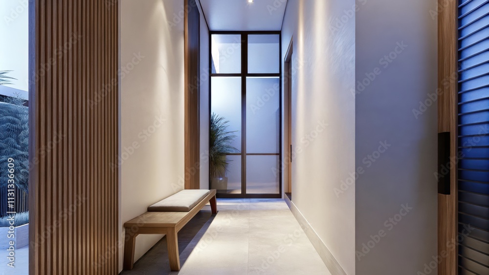Leinwandbilder an artful hallway that showcases a simple wooden bench against the wall. soft afternoon light filter