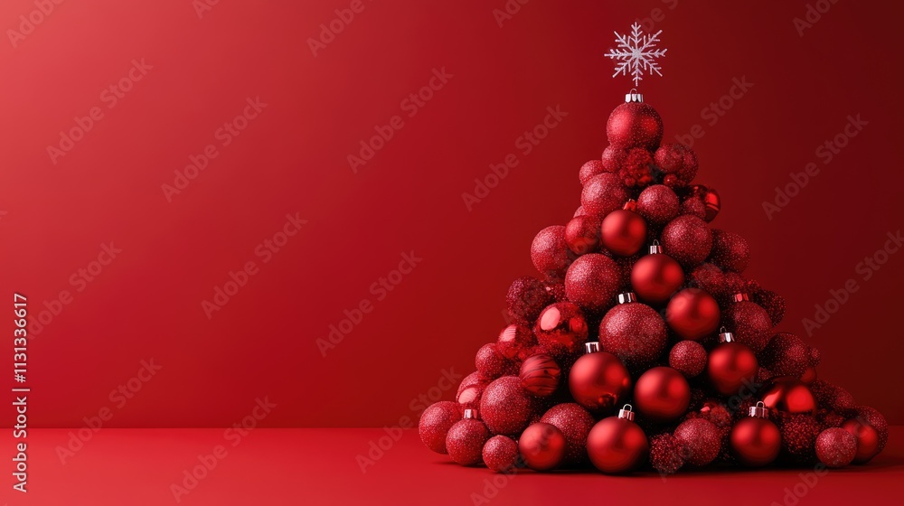 Poster red christmas tree decorated with shimmering ornaments and a snowflake topper set against a vibrant 