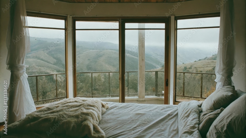 Aufkleber a serene bedroom boasts a massive bay window that frames a stunning view of rolling hills. the room 