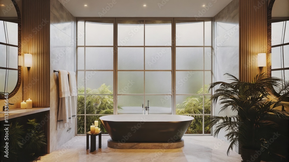 Poster a luxurious bathroom features a large window with frosted glass allowing soft light to filter in whi
