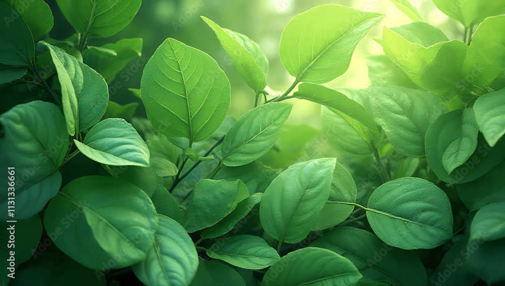 Poster A lush green leaf pattern serves as a calming and natural wallpaper design for backgrounds in various rooms._00004_