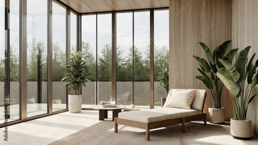 Poster an elegant sunroom with unobstructed views of the outdoors featuring a minimalist chaise lounge and 