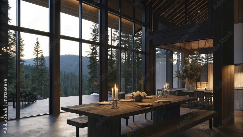 Aufkleber the openconcept dining area showcases expansive windows that overlook a tranquil forest. a rustic wo