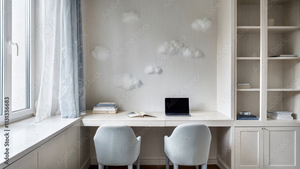Poster A calming home office where the desk features smooth rounded edges a soft white color palette on the walls and installations of flowing art that resemble wispy clouds in the sky.