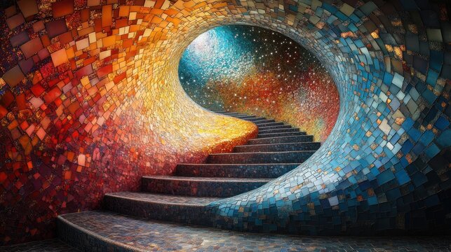A mesmerizing mosaic staircase leading to a starry tunnel, a vibrant display of colors and textures.