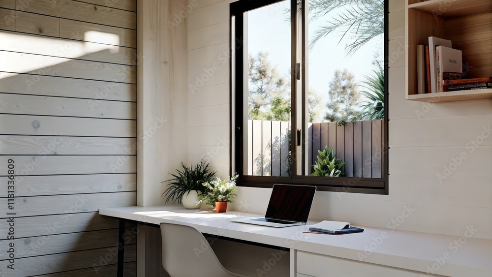 Poster a chic home office bathed in sunlight showcasing a wall of reclaimed wood that serves as a backdrop 