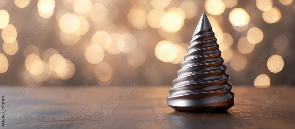 Poster modern metallic christmas tree decoration on a wooden table with blurred bokeh light background for 