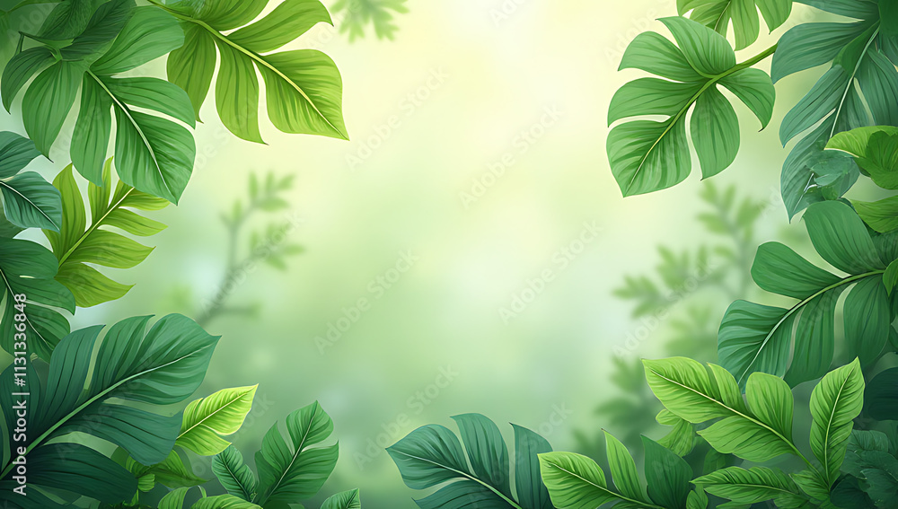 Poster A lush green leaf pattern serves as a calming and natural wallpaper design for backgrounds in various rooms._00001_
