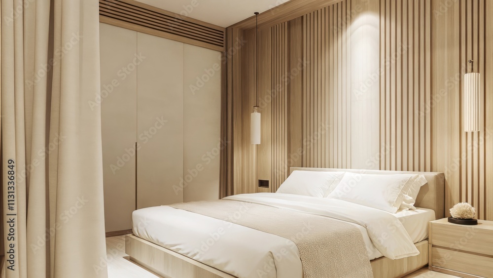 Poster In a serene bedroom a platform bed with crisp white linens is paired with light sandcolored walls. A bedside table holds a seashell collection and the faint sound of waves fills