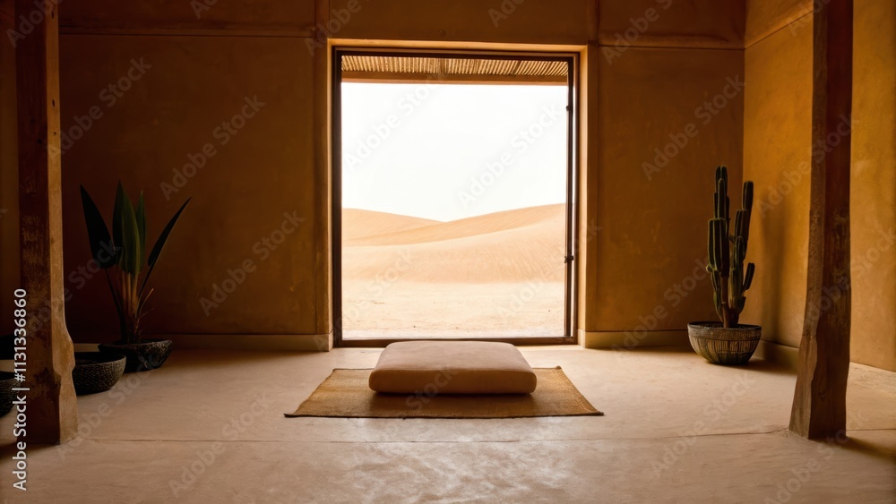Aufkleber A peaceful meditation room with sandcolored walls and a low meditation cushion in the center. The space is adorned with a few strategically p cacti and a large window that frames