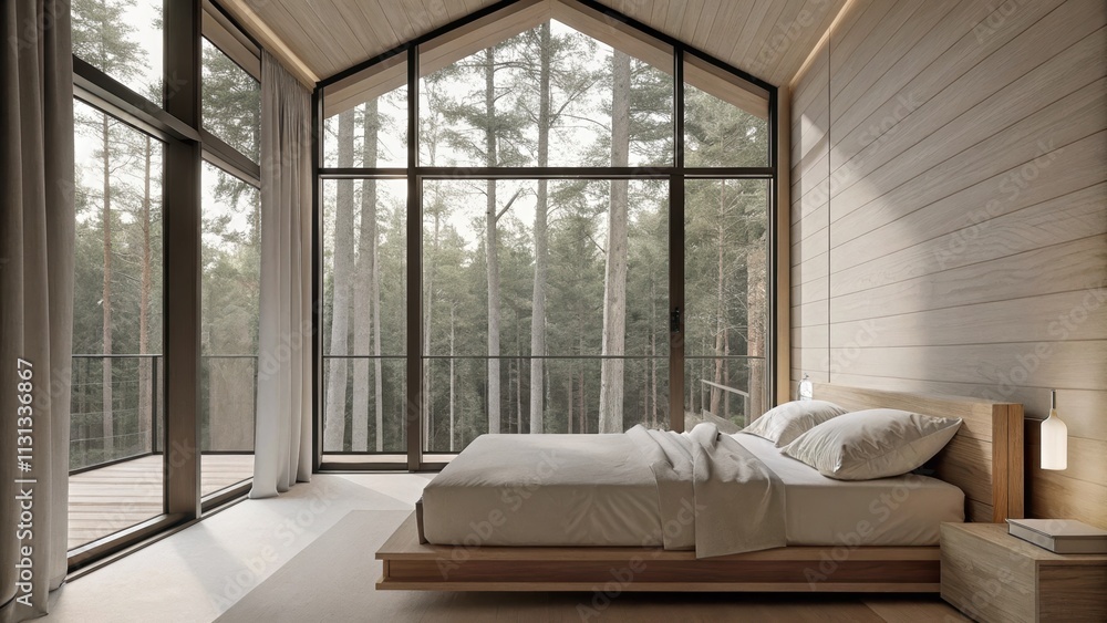 Poster a serene bedroom with a simple wooden bedframe adorned only with soft linen while expansive windows 